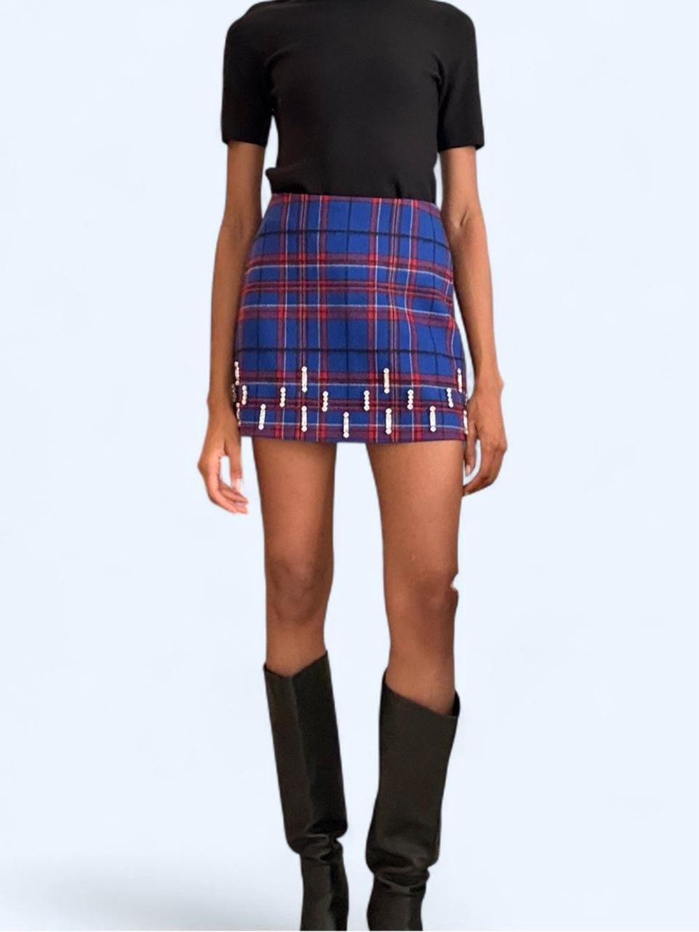 Max & Co. Blue Plaid Mini Skirt with Red Trim